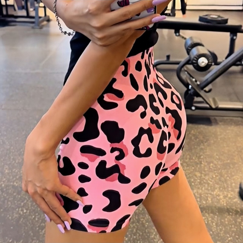 健身无缝针织印花瑜伽短裤撸铁女高弹健身服豹纹显臀运动短裤