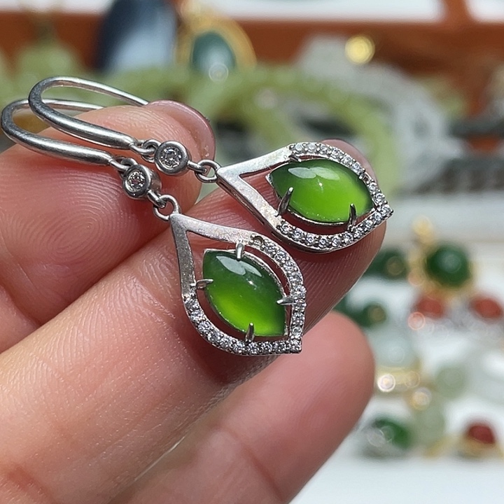 和田玉（碧玉）银S925镶嵌耳饰