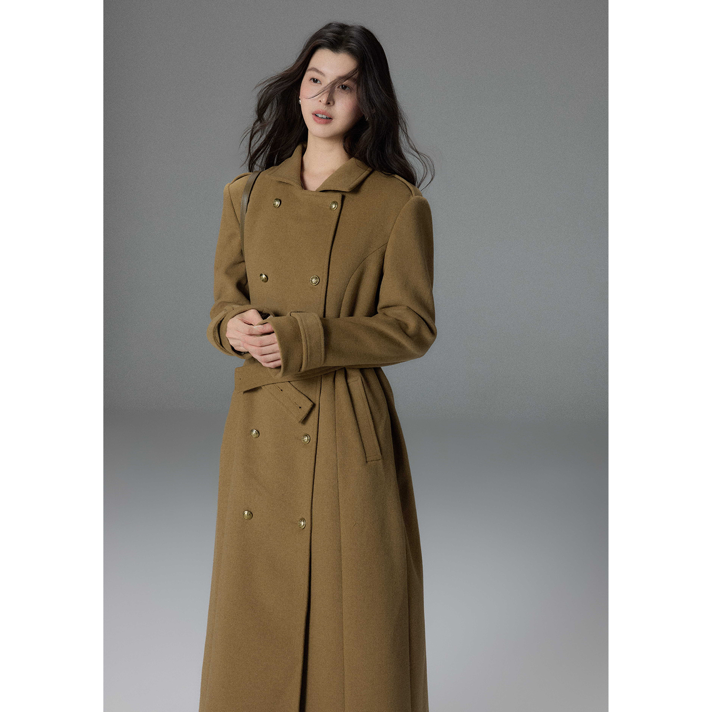 贰羊设计【墨棠】英伦风双排扣毛呢风衣外套女交叉设计感收腰大衣