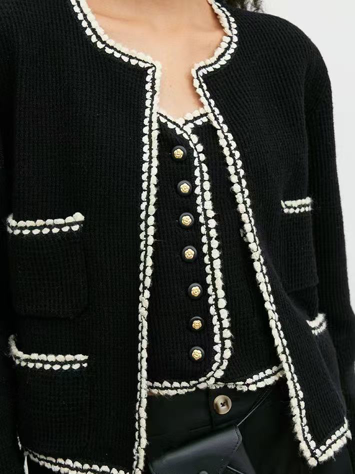 小香风黑白手工织边开衫时髦气质外套9727