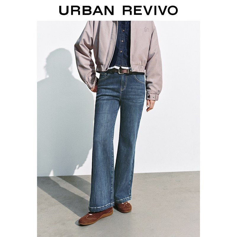 UR2025冬季新款女装休闲复古猫须喇叭牛仔长裤UYY850255