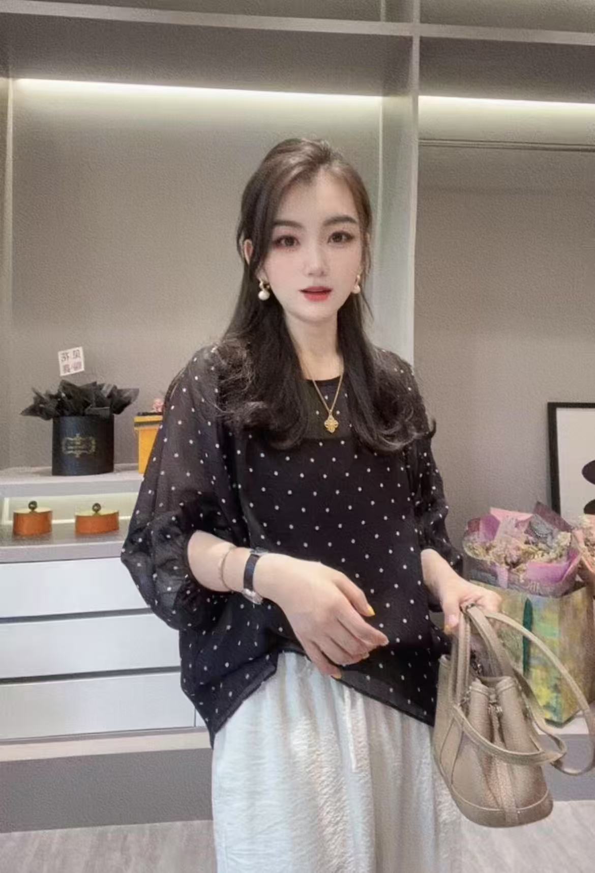 【圆领白波点】CHUN家时尚夏季经典百搭桑蚕丝乔其上衣