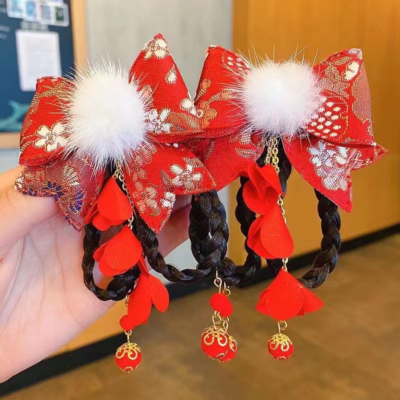 儿童新年古风头饰女童假发辫流苏头花小女孩辫子发卡宝宝汉服头饰