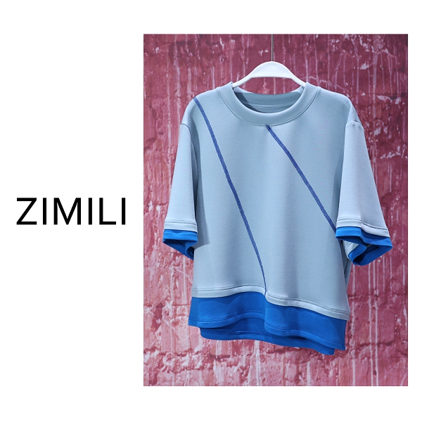 【亮哥女装】2025欧版灰蓝撞色拼接纵向线条休闲高克重短袖8671-C4