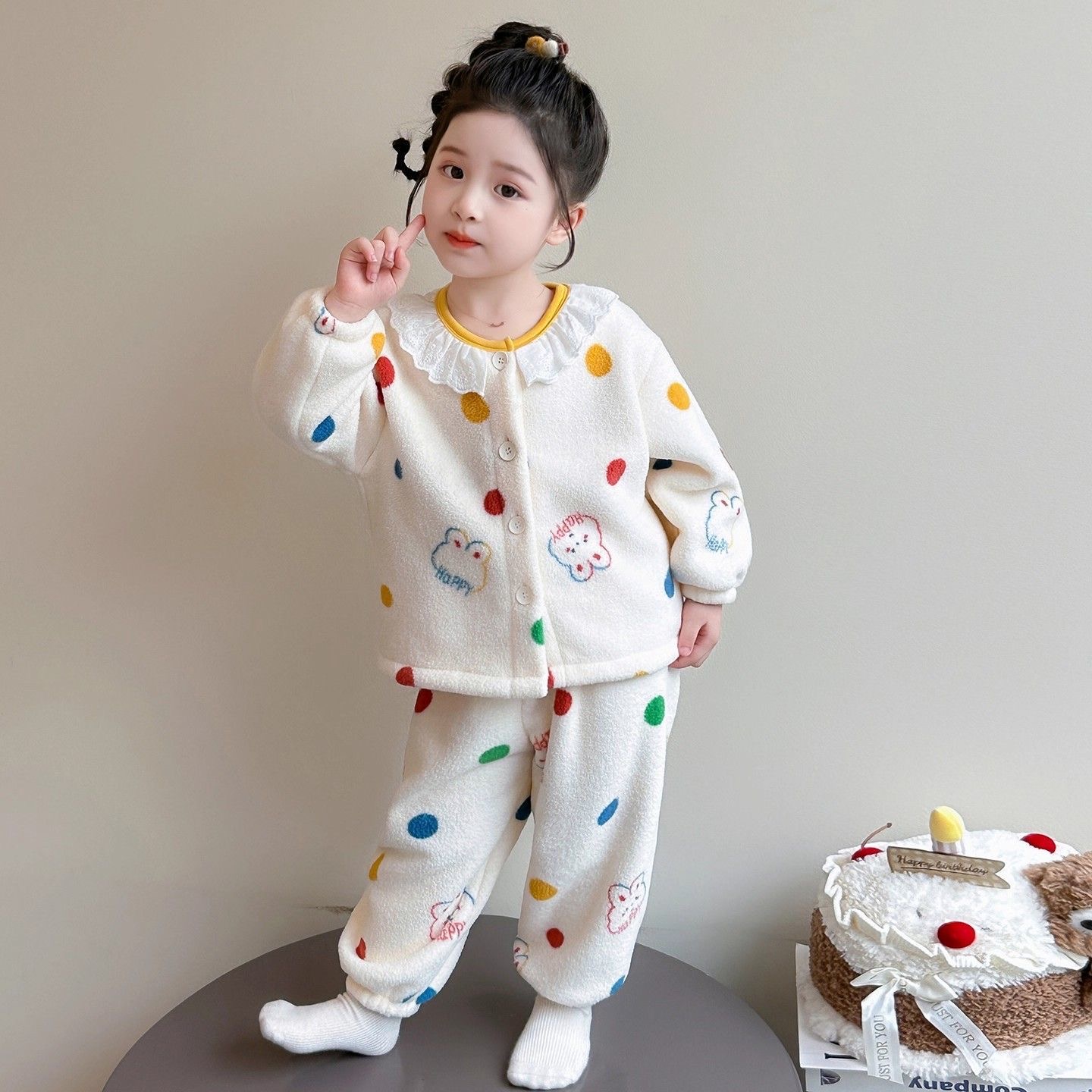 女童冬款睡衣新款儿童珊瑚加绒开衫法兰绒宝宝保暖家居服套装加厚