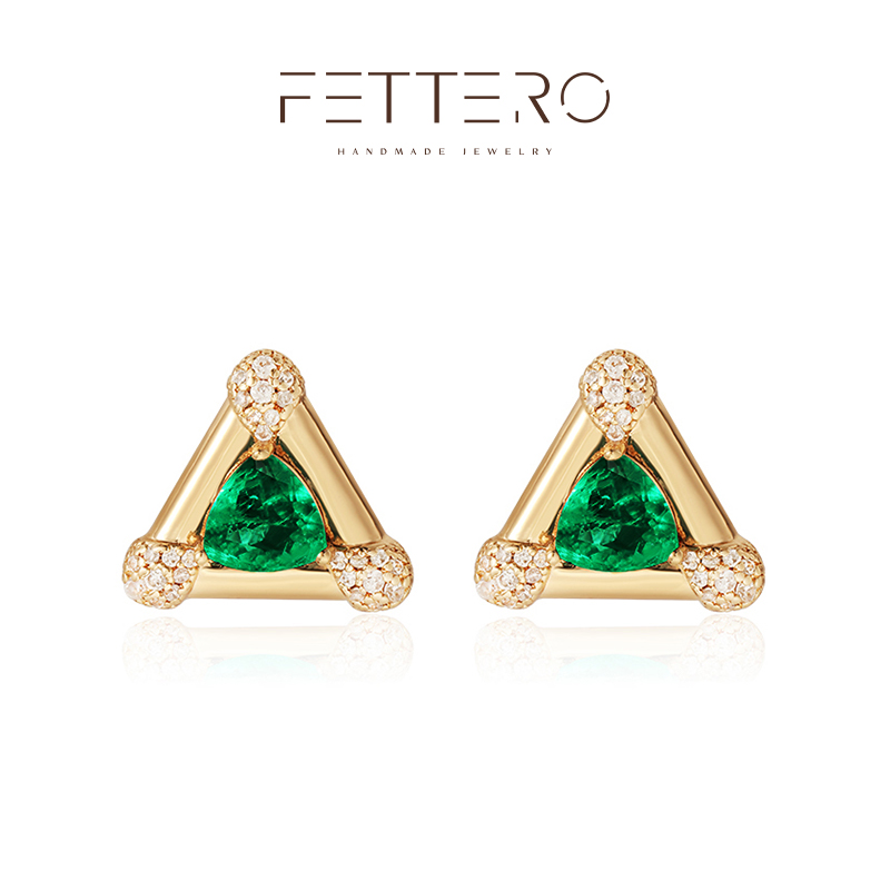 fettero 铜合金耳饰 【金色三角水滴耳钉】气质镶嵌设计师复古轻奢