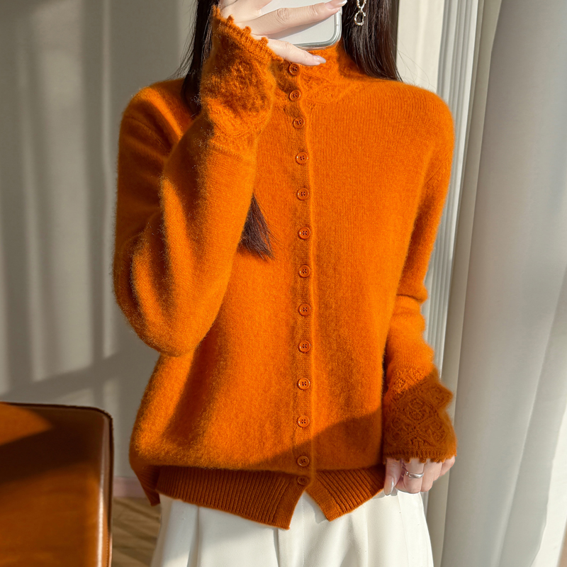 【设计师款】100纯羊毛衫精致翻领高领单排扣厚款百搭时尚针织衫女