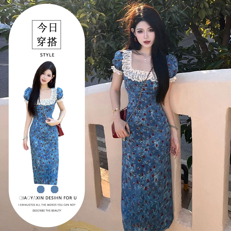 法式方领蕾丝碎花时尚洋气长款连衣裙2025夏季新款别致减龄长裙子