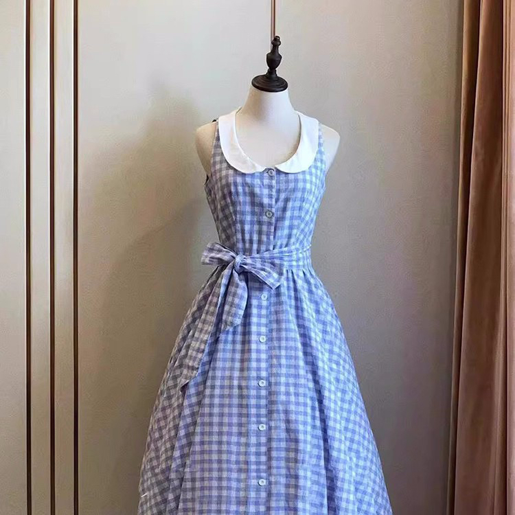 奶糖~古着Vintage温柔超心动蓝白格连衣裙女古董裙小清新长裙