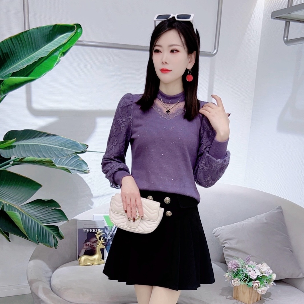 A7815法式长袖蕾丝打底衫女秋季新款洋气显瘦百搭上衣