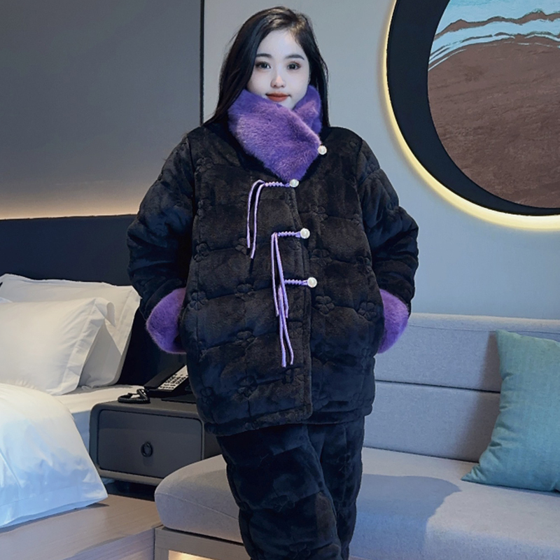 紫色三层夹棉珊瑚绒睡衣女士冬季加绒加厚保暖高级感家居服套装