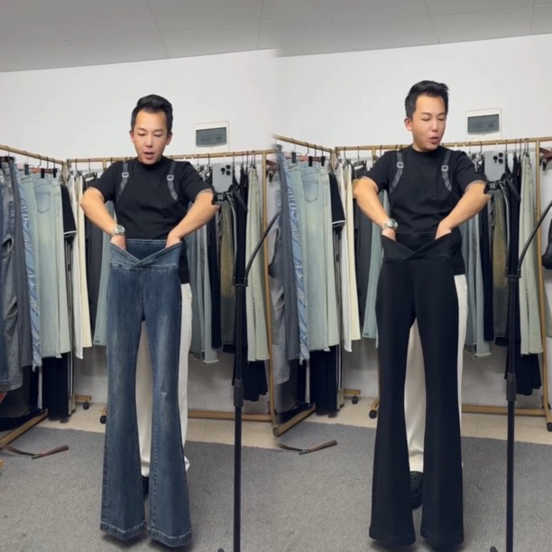 燕龙服饰2002定制加长高腰提臀设计感弹力修身显瘦微喇叭牛仔裤女