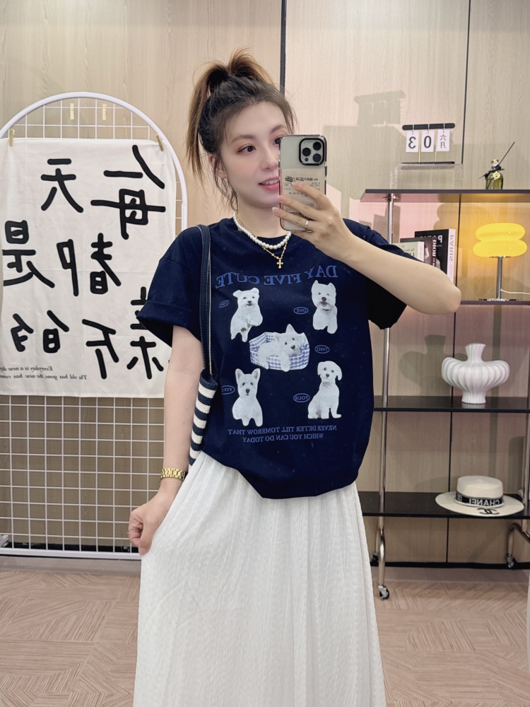 【全白小狗】夏季ins宽松纯棉短袖t恤女2025新款印花卡通百搭Q0115