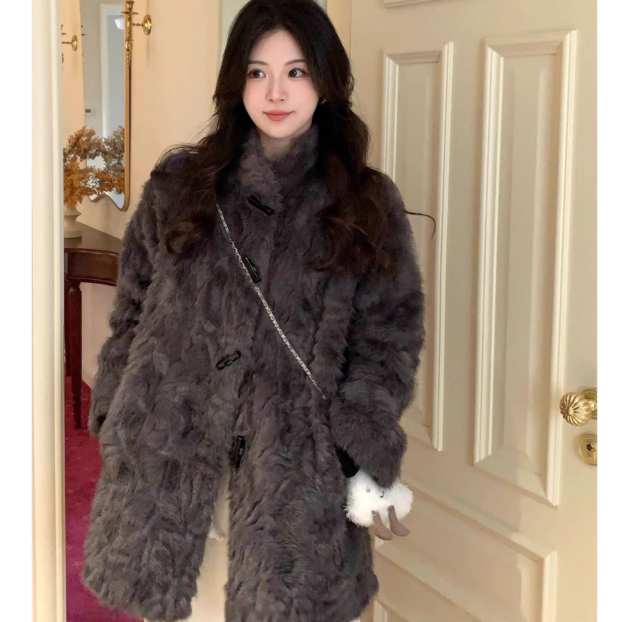 【FANFNA】冬季中长款环保韩系高级感牛角扣立领毛毛外套