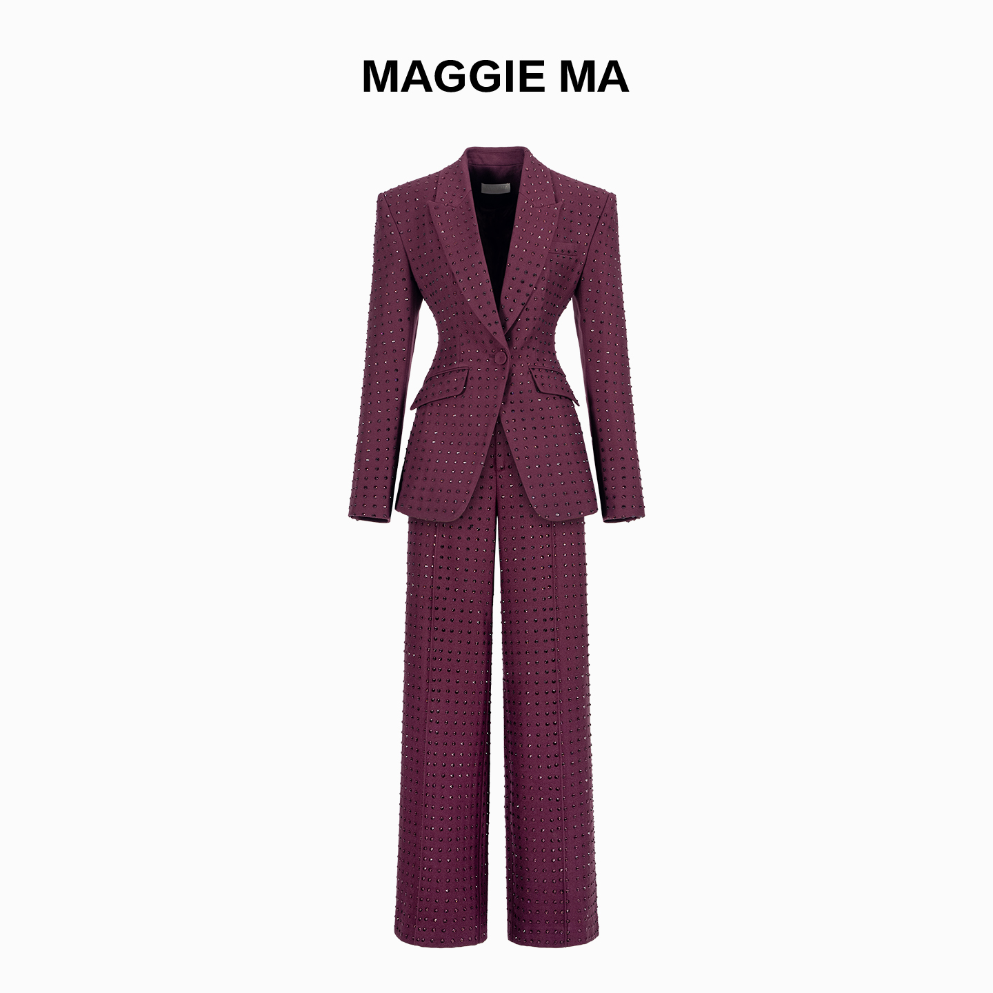 MAGGIE MA马婧设计师款红紫色重工烫钻气质显瘦西装套装465C/466P