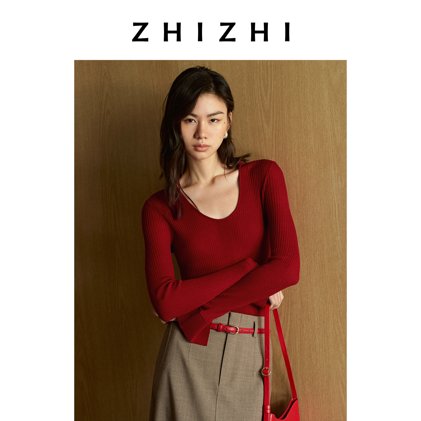 【好运红】致知 清燕堂 全羊毛U型小翻领长袖针织衫26春ZZ2FSKZS020