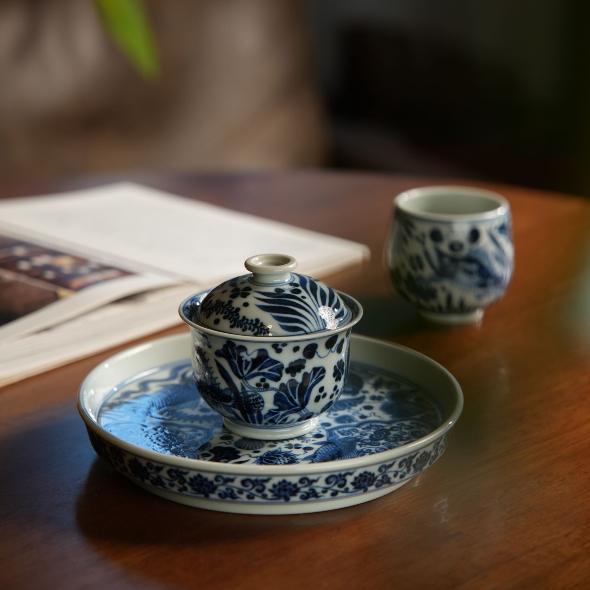 刘建锋窑仿元鱼藻纹泡茶茶具 景德镇青花全手工高端陶瓷柴窑柴烧