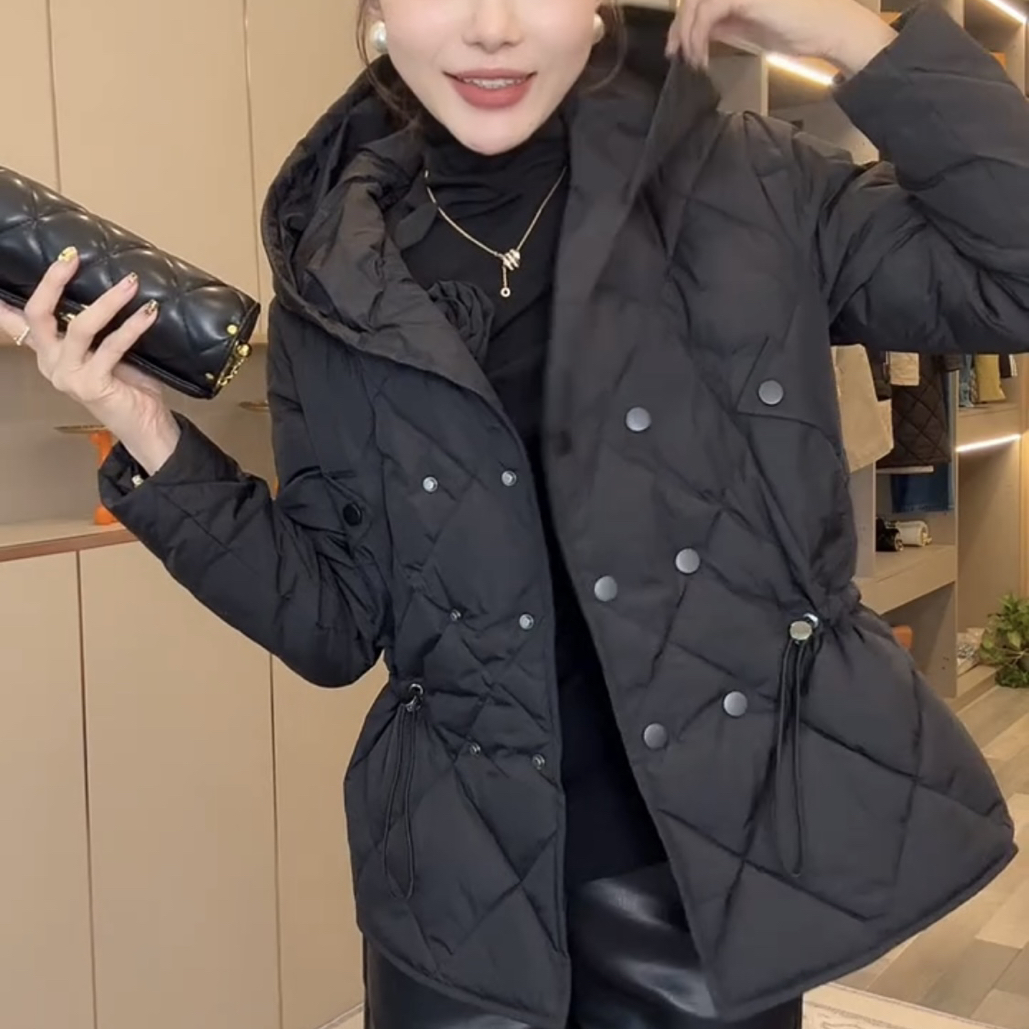 时尚连帽抽绳显瘦高级感洋气棉服短外套秋冬新款网红蓝色短款休闲