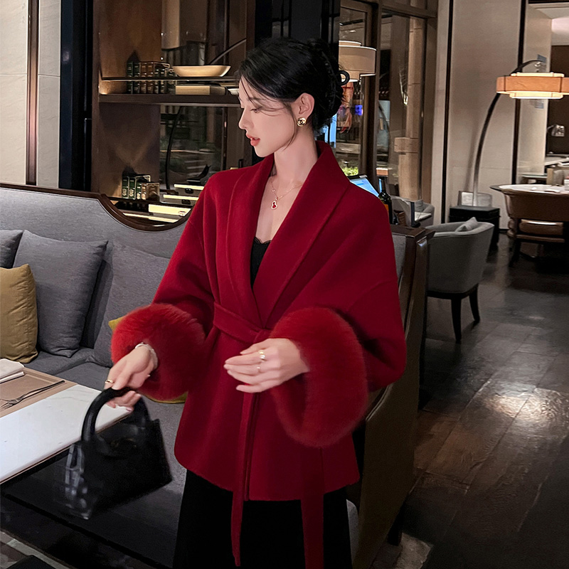 红色双面呢子大衣女小个子秋冬新款本命年喜庆新娘子结婚毛呢外套