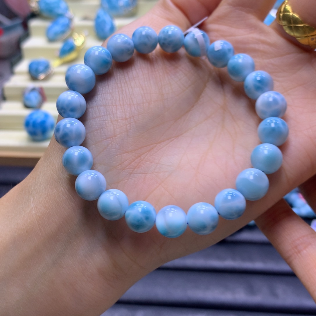 针钠钙石（海纹石）未镶嵌手链艳蓝色满9mm手串色差略异
