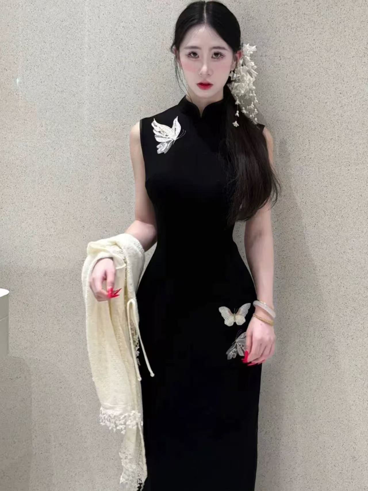 画报金夫人  自制高级新中式刺绣弹力西装旗袍 白金蝴蝶