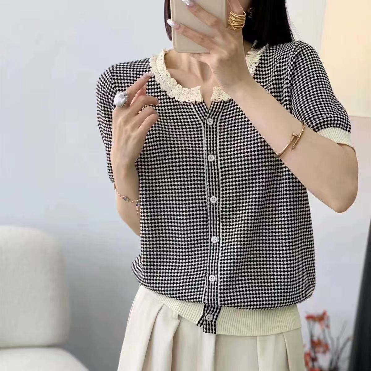 （熙兰雅）洋气减龄显瘦千鸟格短袖开衫v1464 J03304