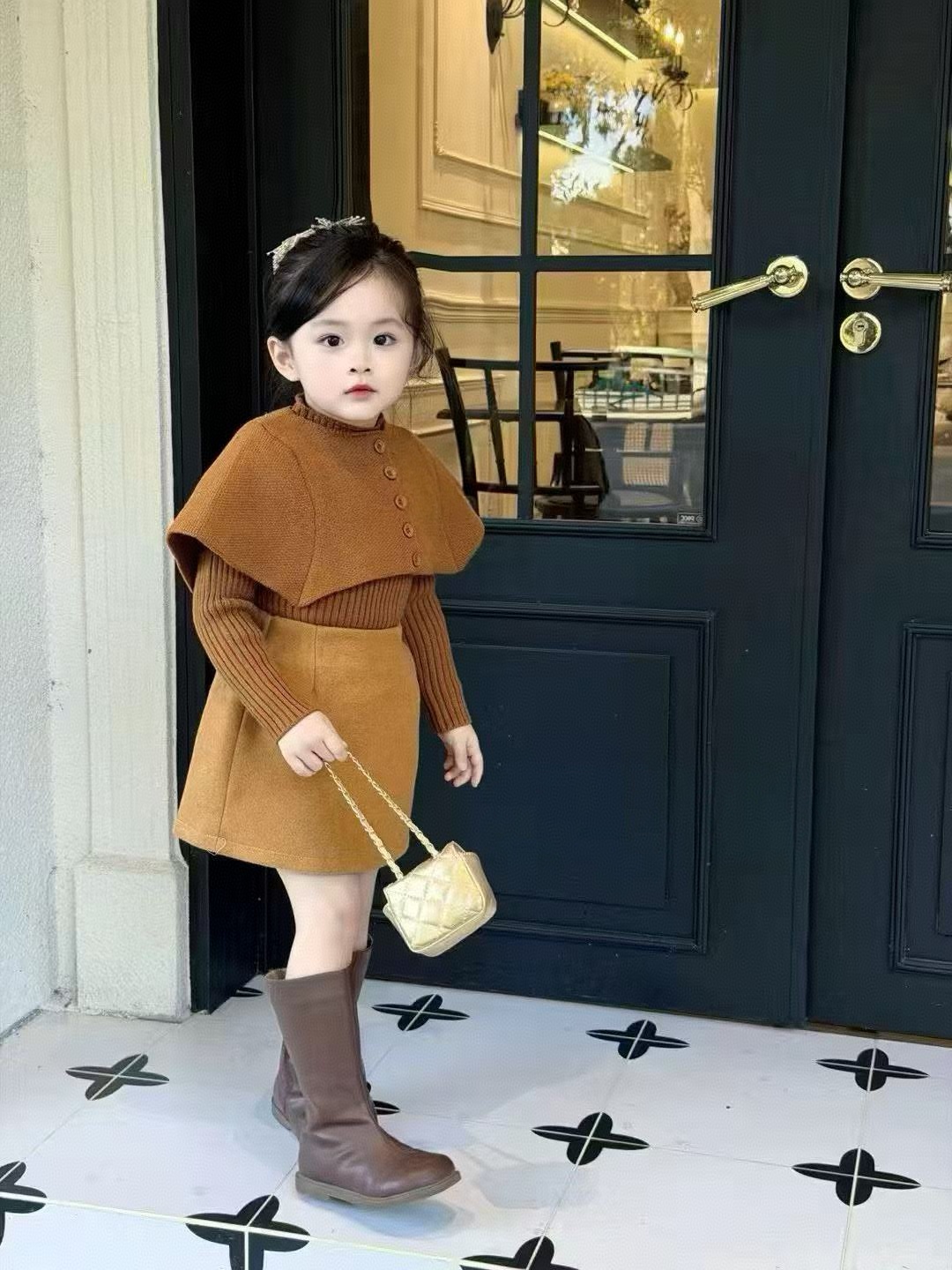 儿童法式纯色长袖套装百搭圆领毛衣女宝可爱时尚三件套WZ6210