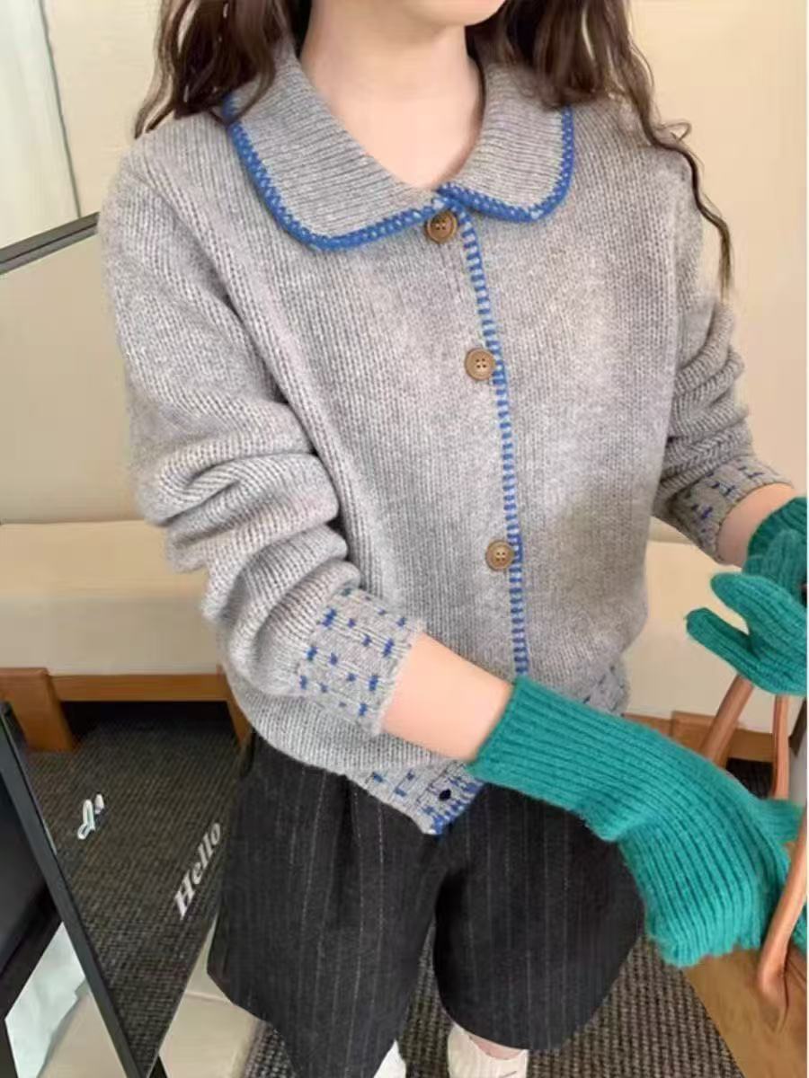 韩系氛围感蓝灰撞色polo翻领毛衣女秋冬短款温柔百搭针织开衫上衣