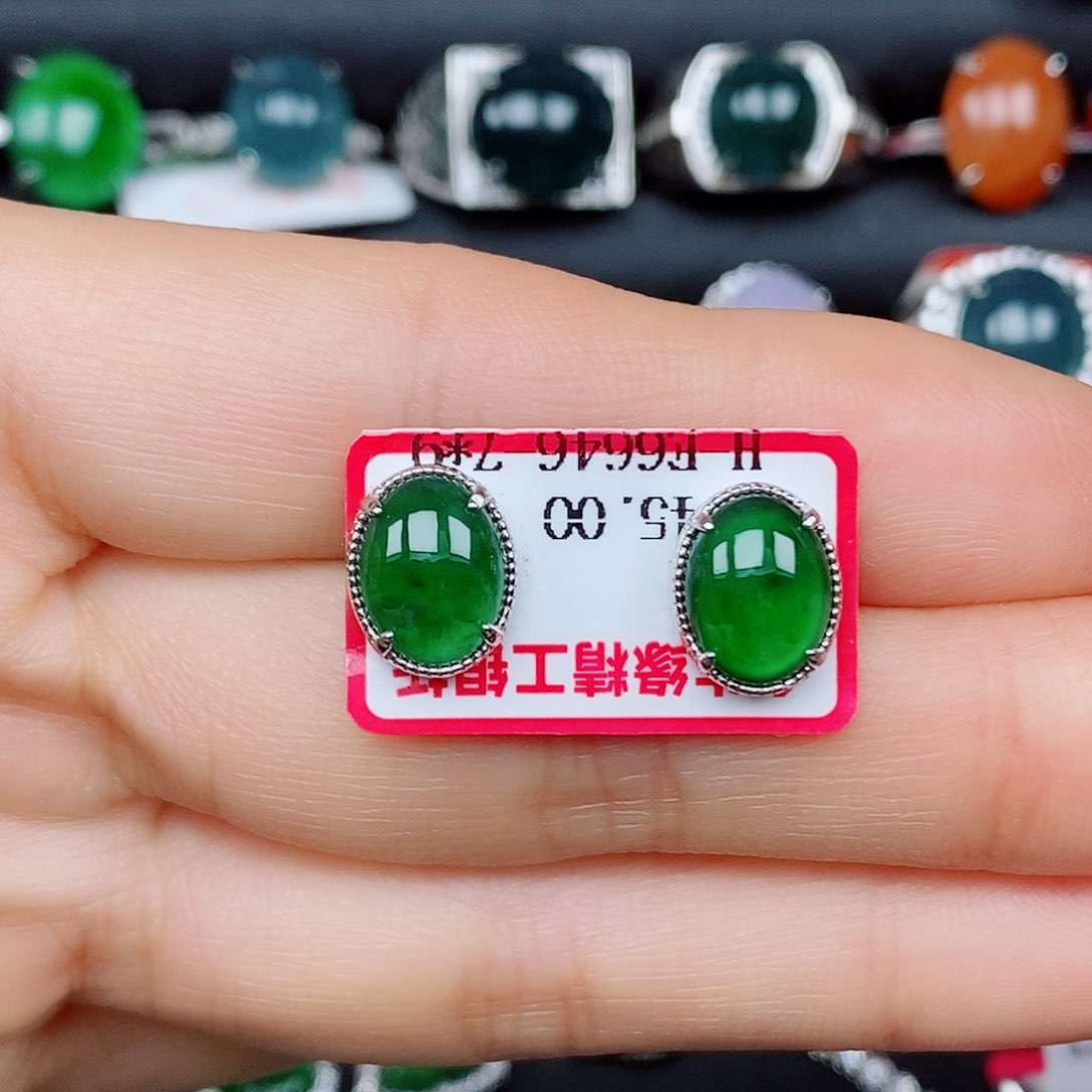 翡翠戒指银S925镶嵌耳钉