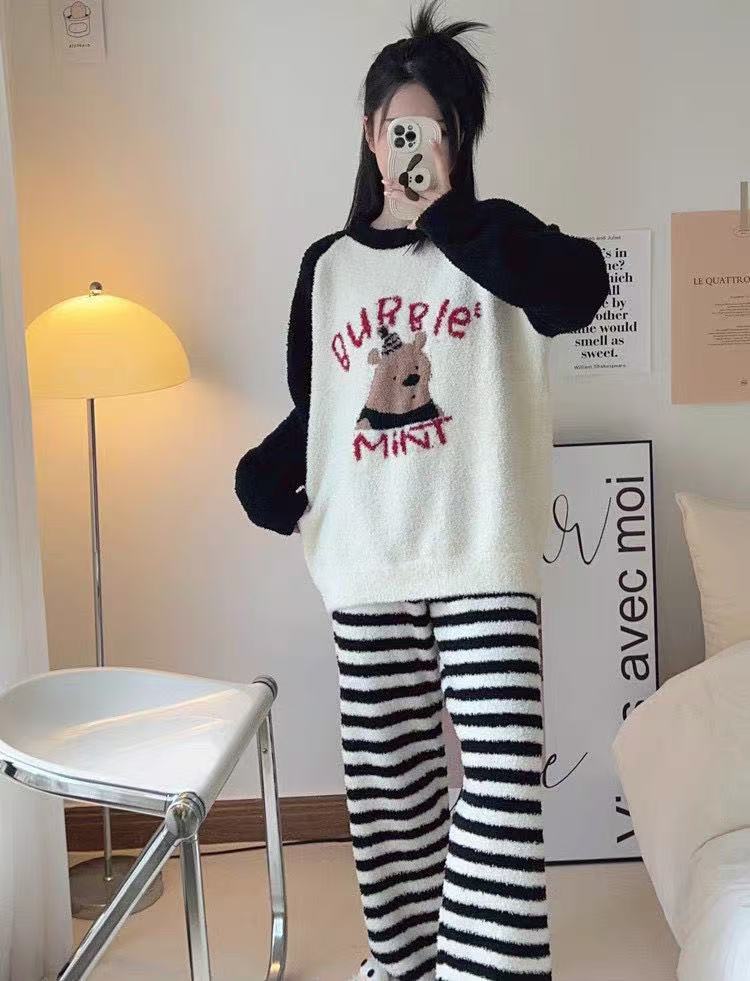 半边绒卡通【小熊】睡衣女秋冬新款加厚时尚软绵绵休闲家居服套装  