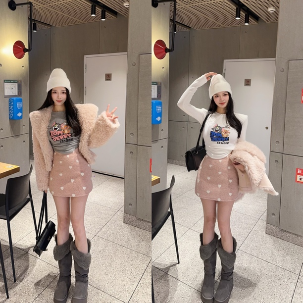 【TX】圆领褶皱加绒汤姆猫T恤/粉色爱心半身裙