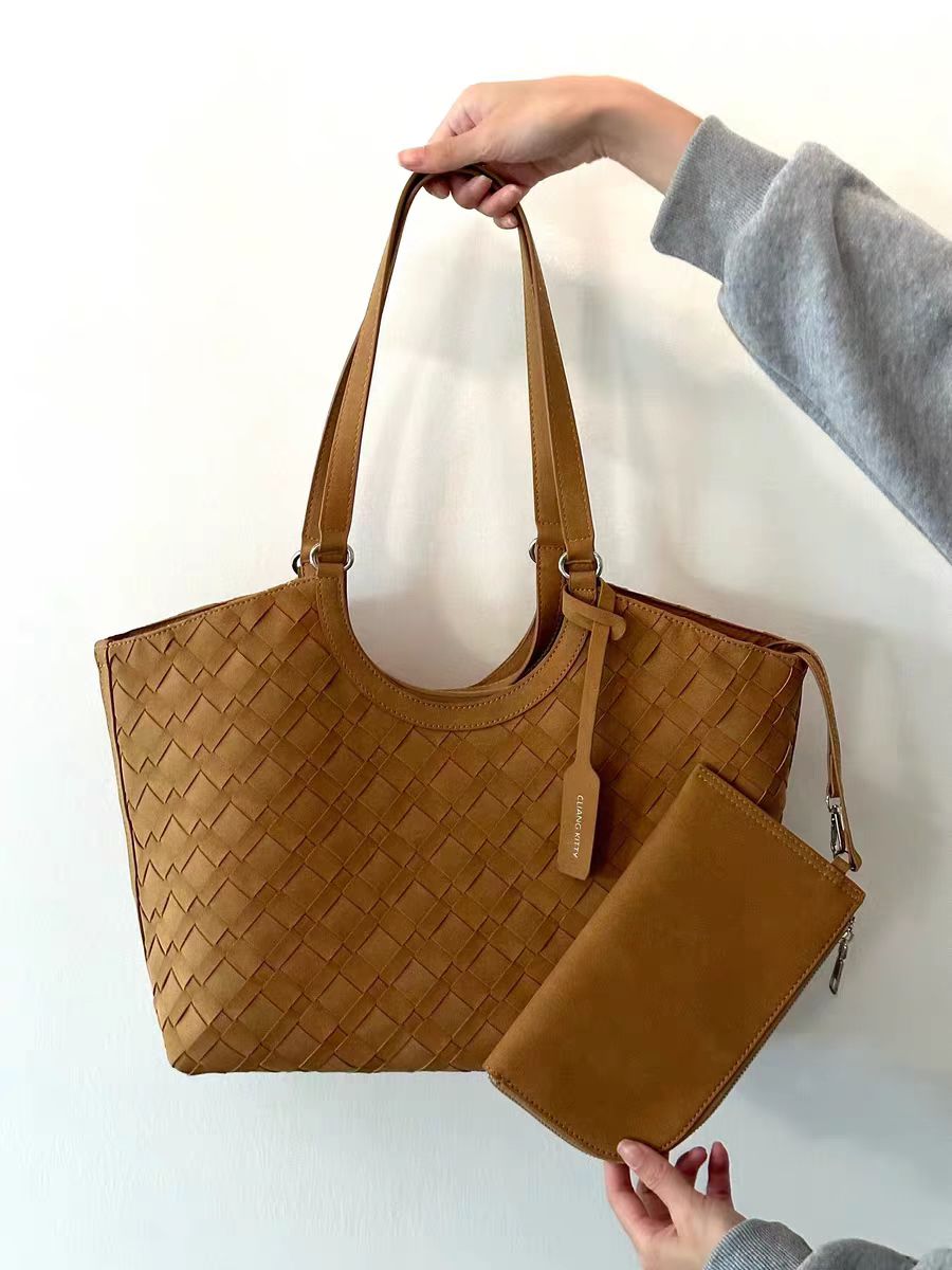 韩系复古麂皮绒编织托特包女2025冬季新款大容量通勤手提单肩包