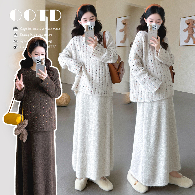 {糕糕}孕妇装2025秋冬新款法式宽松彩点宽松毛衣+半身裙两件套