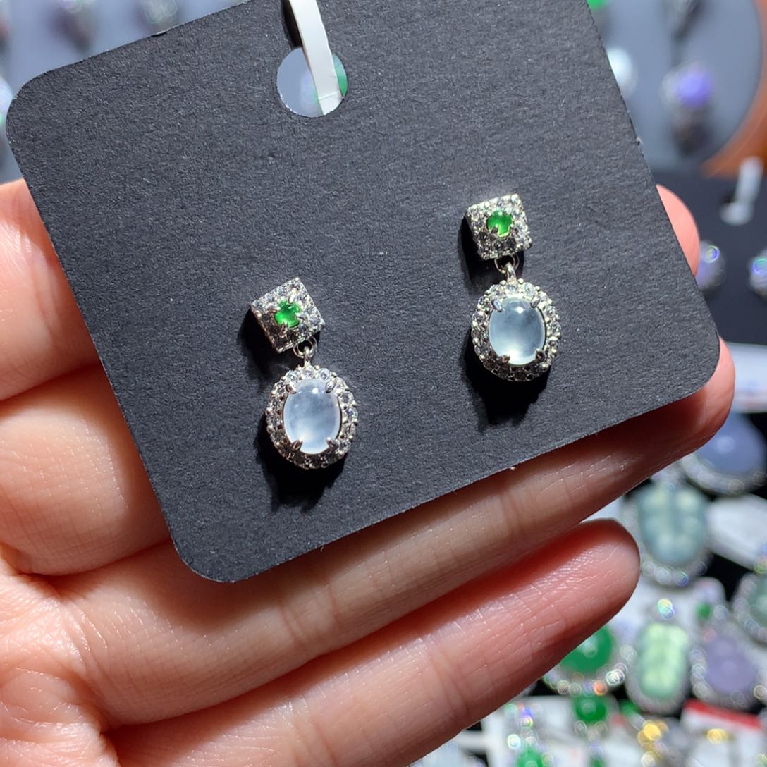 翡翠耳饰银S925镶嵌天然翡翠