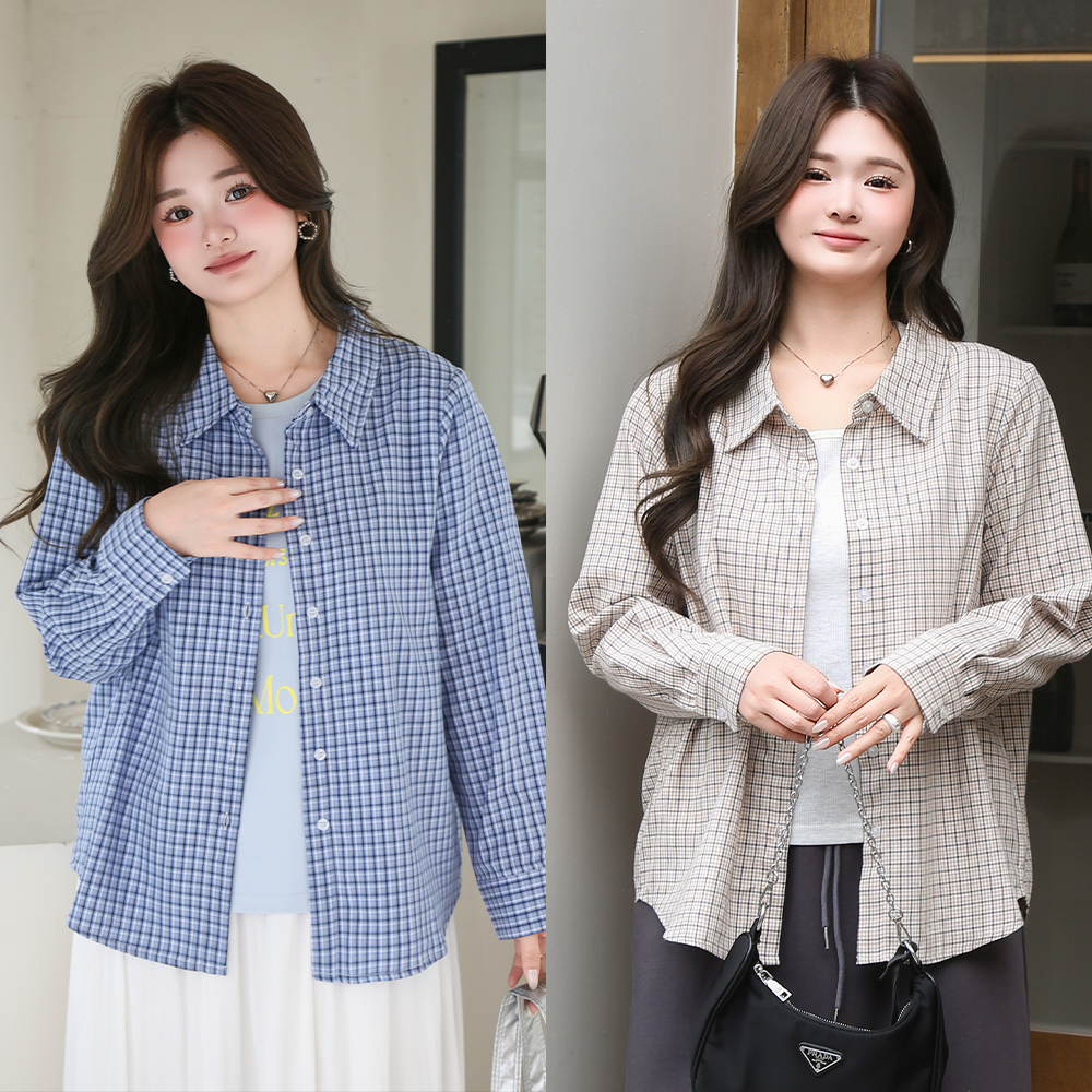 【C】2025春季新款大码微胖宽松显瘦时尚百搭慵懒气质格子衬衣 5508