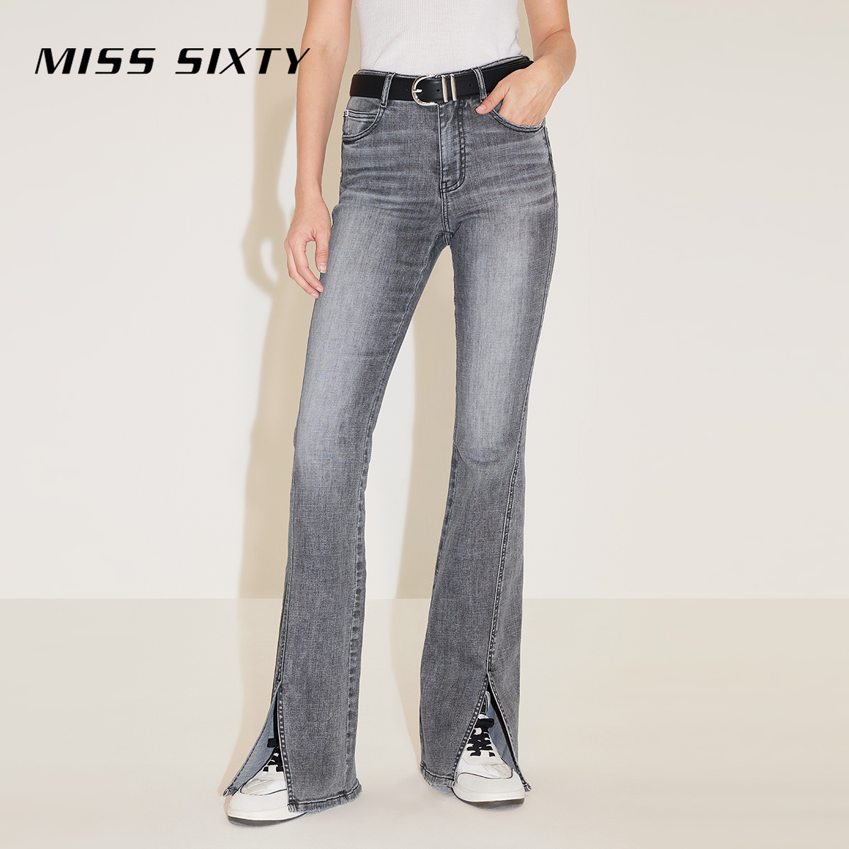 Miss Sixty春新款牛仔裤女复古黑灰前开衩微喇裤显瘦风感波粒