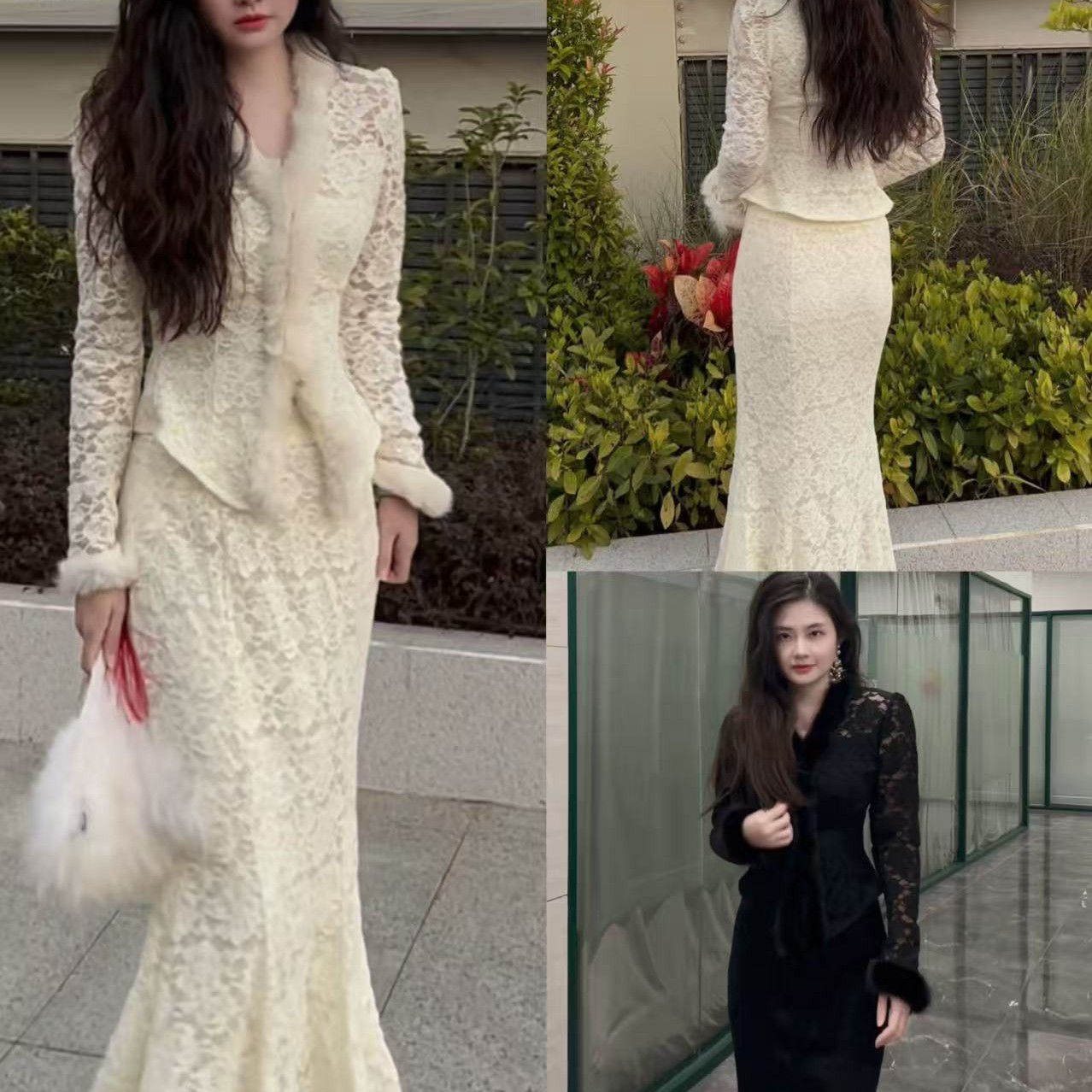 LL琳秋冬复古绒面V领毛毛蕾丝长袖上衣+高腰鱼尾半身裙套装女9851