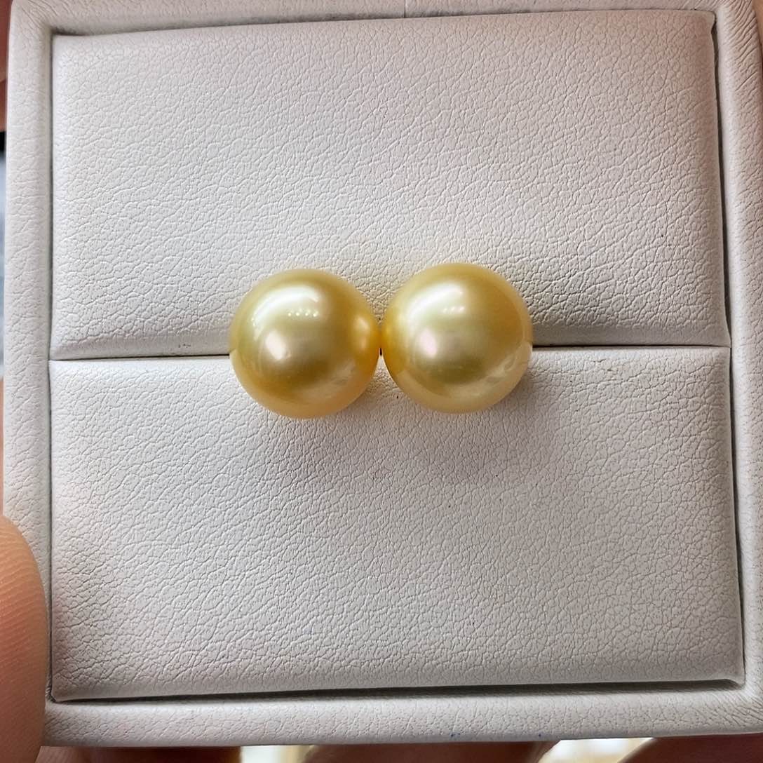 海水珍珠耳饰18K金镶嵌南洋金珠11-12m m
