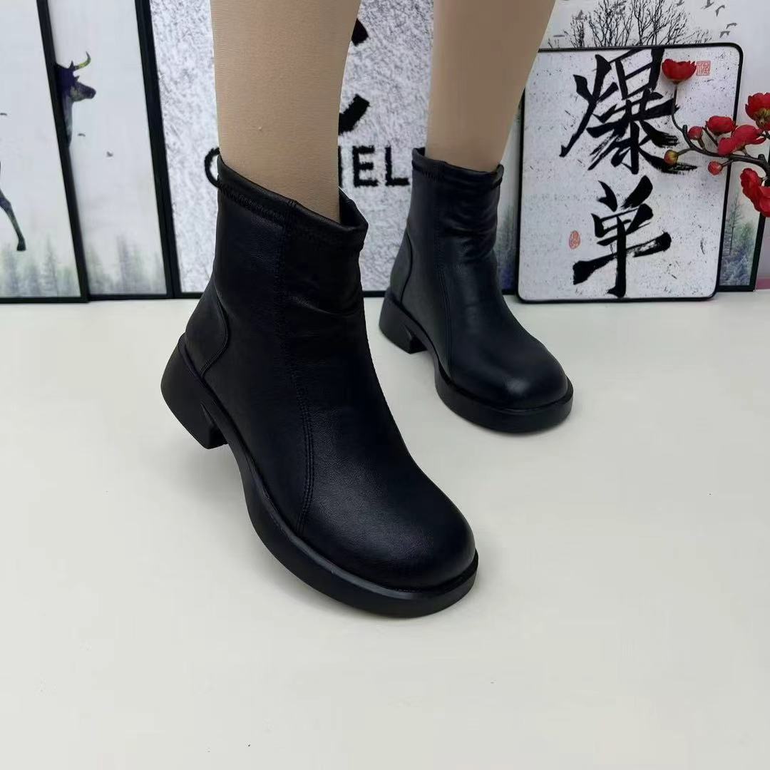 新款低跟粗跟休闲风英伦风时尚低跟秋冬女士短靴靴子皮靴舒适百搭