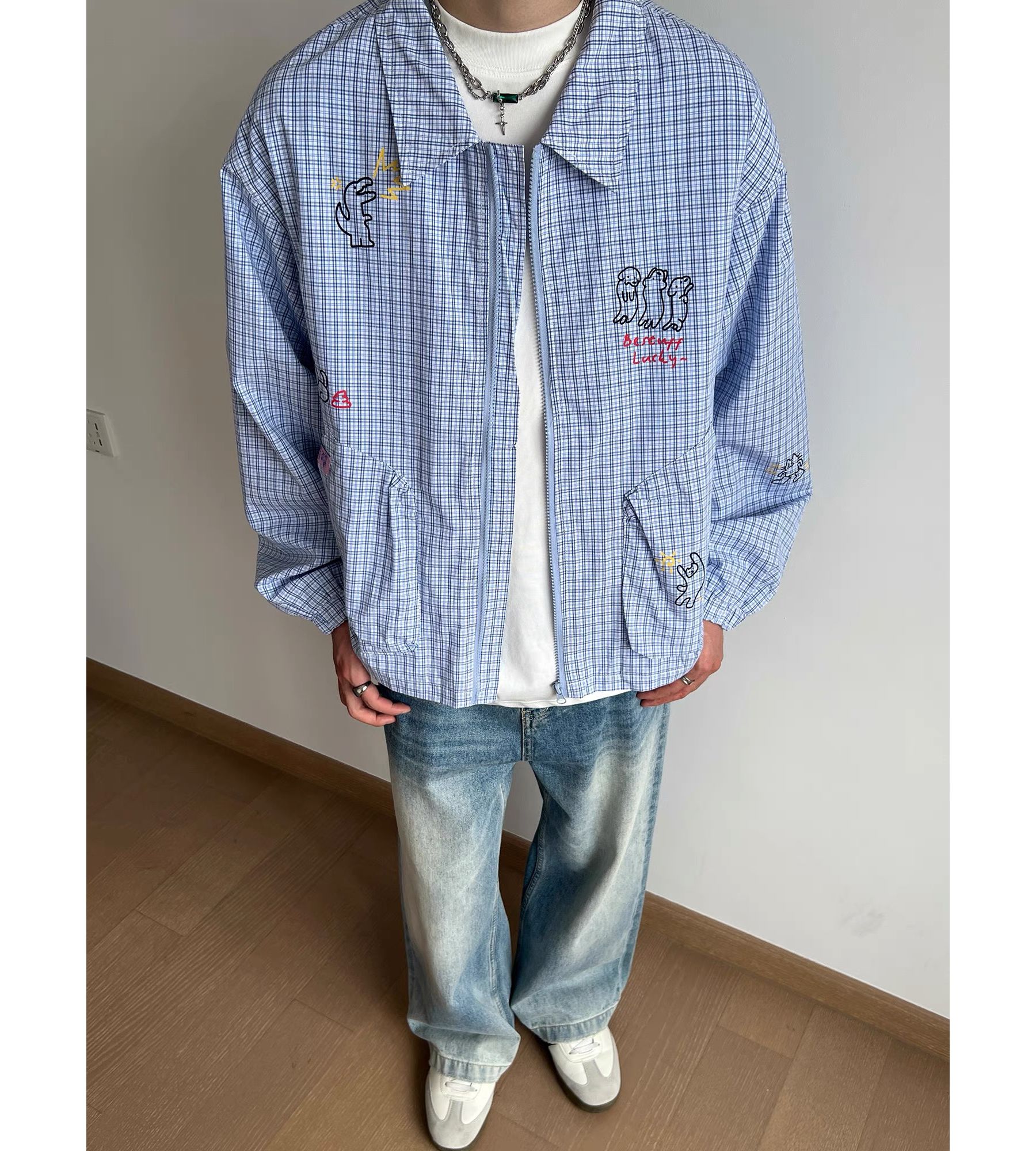 美式复古格子外套男女秋季趣味宽松休闲翻领小众蓝格纹夹克外套潮