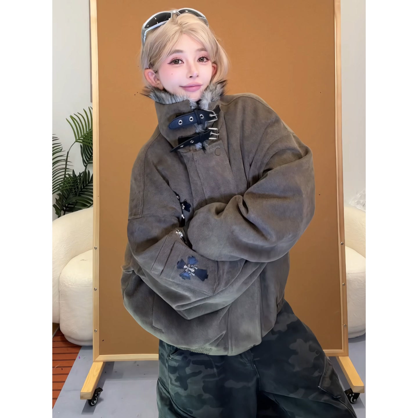 漂亮炮灰 美式加厚刺绣面包服男女情侣连帽棉服潮灰机车风棉服