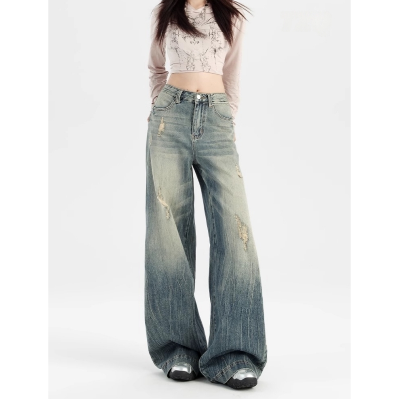 高个子加长美式复古破洞阔腿牛仔裤女高腰宽松显瘦垂感直筒拖地裤