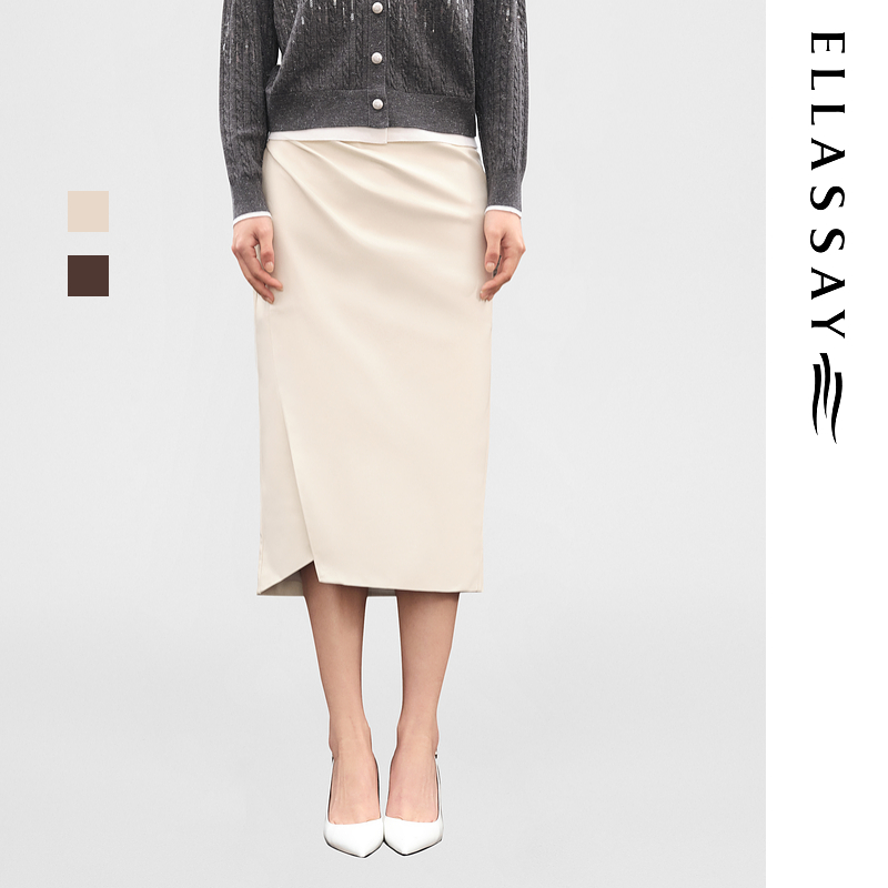 ELLASSAY歌力思秋冬新款美拉德开衩半身PU皮裙女EWV354Q003