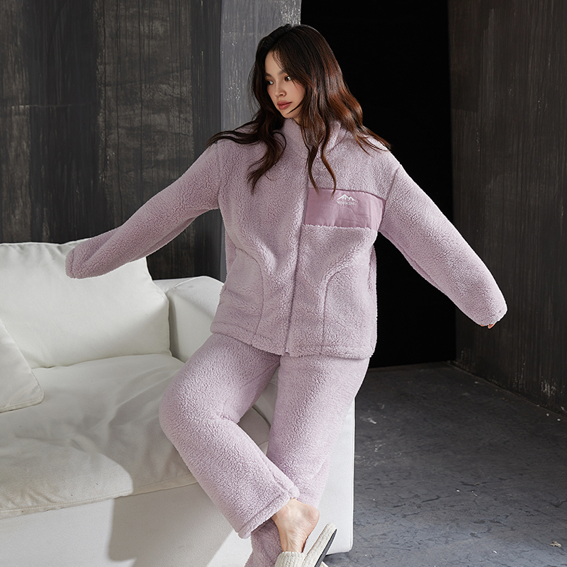 女士睡衣加绒加厚珊瑚绒套装可外穿贴布法兰绒秋冬季冬天家居服