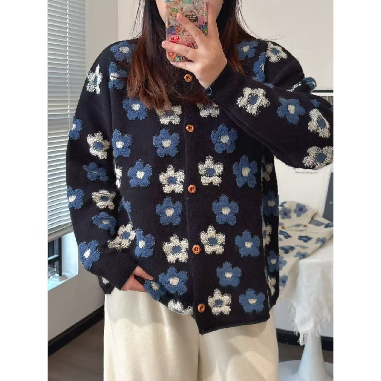 【咔咔】花海-长袖提花花朵花圆领冬季毛针织衫秋季百搭毛衣K0487