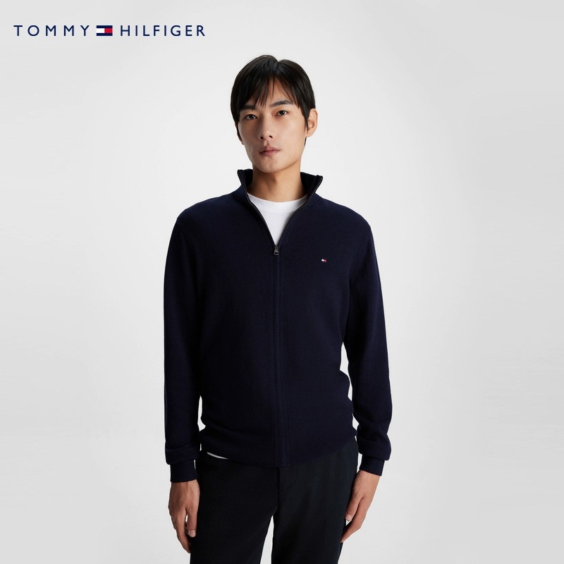 【含羊绒】Tommy秋冬男装通勤纯色合身立领针织毛衣开衫外套34115