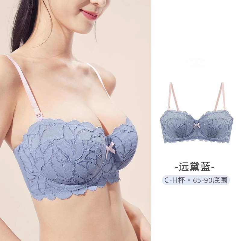 糖果色系文胸大胸显小舒适蕾丝内衣软钢圈薄定型
