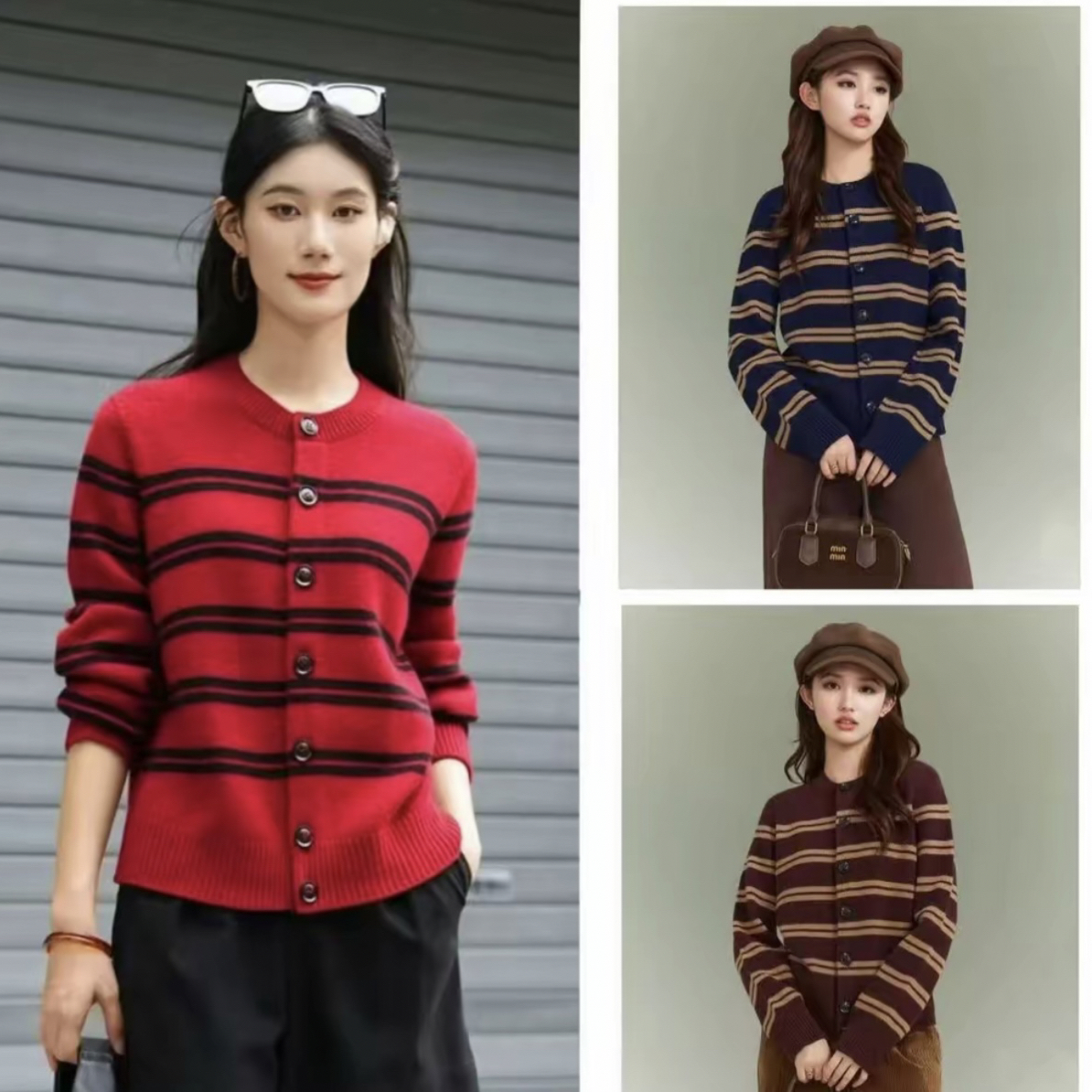 Gird哥弟质感圆领条纹撞色宽松厚款单排扣羊毛针织开衫148037