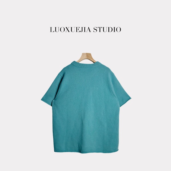 LXJ25588「轻奢软糯」慵懒风圆领廓形卷边针织短袖上衣