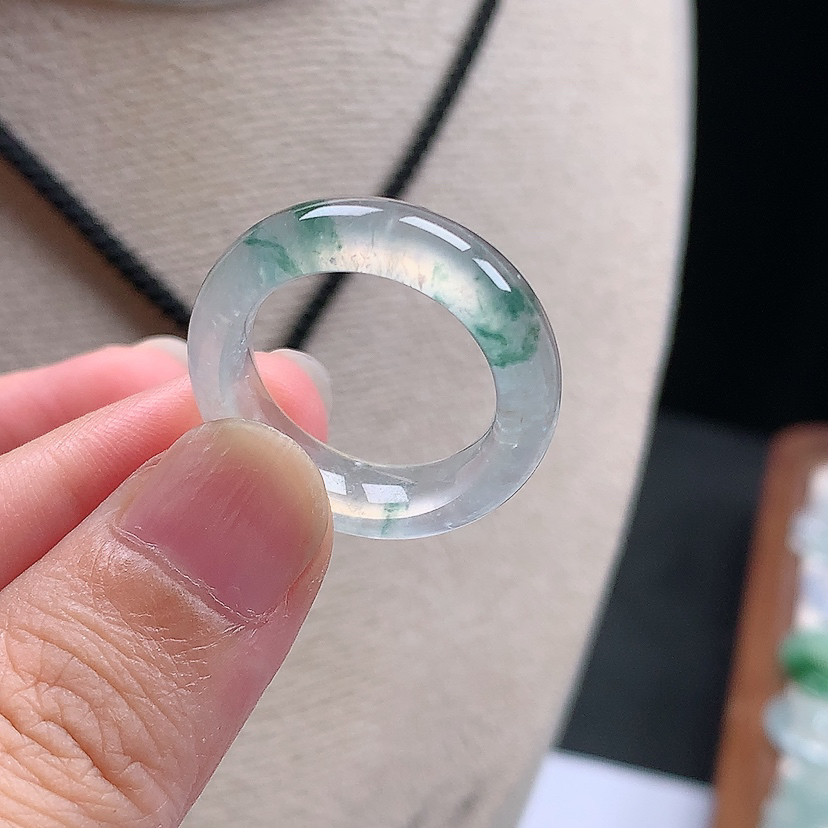 缅甸天然A货玉石高冰起光起钢飘花戒指戒圈18.2*7.0*4.5mm